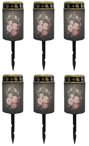 Poceacles Solar Lights Cemetery Solar Lights for Grave Solar Candle Solar Lantern Light Walkway Lights Waterproof Landscape Lighting for Loss of Loved One, Rose Crow Cross Black, Pack of 6