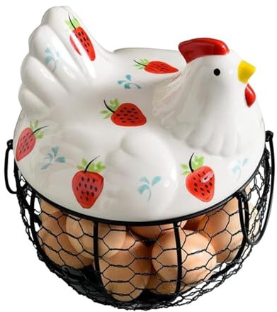HYKJCSS Huevera Gallina Cesta para Guardar Huevos, Tapa De Pollo con Patrón De Fresas De Cerámica, Cesta para Guardar Frutas Y Patatas Hueveras