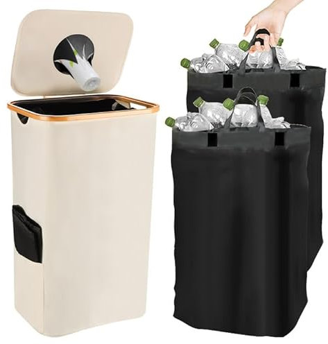 Deposit Bottle Collector Bins with Lid,105L Kitchen Bottle Storage Bin with 2 Carrying Bags,Recycling Bin for Kitchen Home,Deposit Container Storage Empty Bottle Collector for Kitchen (Beige)