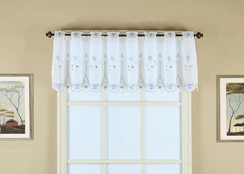 Today's Curtain, Samantha Embroidered Sheer Valance 13, White/Green, 59 W x 13 L