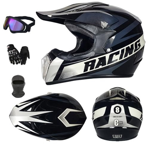 SMTSEC Motorradhelm Cross Damen Herren Full Face MTB Helm Motocross Helm DOT/ECE-Zertifizierter Mit Schutzbrillen Maske Handschuhe Downhill Helm Mopedhelm Schutzhelm Für Cruiser Chopper,Gray-M