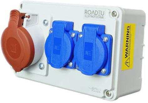 RoadEu - Toma de pared combinada - CEE 16A y 2x Schuko - Distribuidor de enchufes - Distribuidor de corriente de 16A, IP44 Ideal para Taller, Cobertizo y Fábricas.