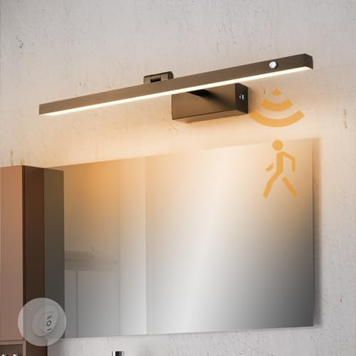 TZSMUM LED Spiegelleuchte Bad Wandleuchte mit Bewegungsmelder Wandbeleuchtung mit Schalter Aluminium Wandlampe ​3000K/4000K/6000K 3 Farbtemperatur Wandleuchte Badezimmer (Schwarz Warmes Licht,60cm)