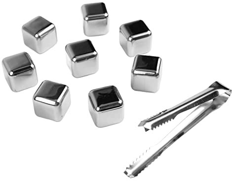 8 Pcs 304 Stainless Steel Ice Cube, Quick Freeze Whiskey Rocks Pack, Reusable Metal Ice Cubes Set with Ice Tong, Freezer Storage Case, for Bourbon Wine Beverages