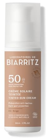 Laboratoires de Biarritz Crème Solaire Teintée SPF50 Beige Certifiée Bio | Visage, Unifie le Teint et Prévient l'Apparition de Taches, Certifiée Bio, 50 ml, Fabriquée en France