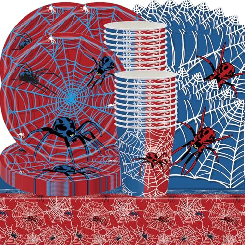 61Stk Spider Tableware Party Set, Spider Theme Birthday Supplies, Jungen und Mädchen Party Dekorationen, Kinder Geschirr Set enthält Teller Tassen Papierhandtücher Tischdecken für 20 Personen