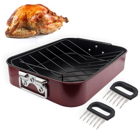 Large Roasting Tin with Rack, Nonstick Coating, Heavy Duty Carbon Steel, PFOA Free, Roaster Pan for Baking Cakes, Roasting Turkey, Fish (L)