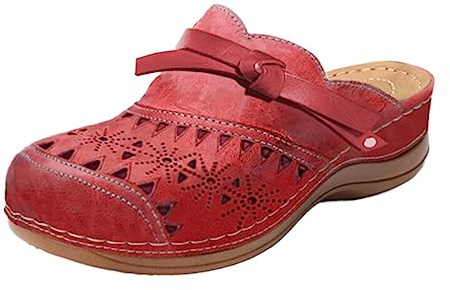 Zoccoli da donna in pelle e legno, con plateau e plateau, antiscivolo, per attività all'aperto, estive, con zeppa, anteriori, chiuse, aperte, traspiranti, da giardino, Colore: rosso, 38 EU