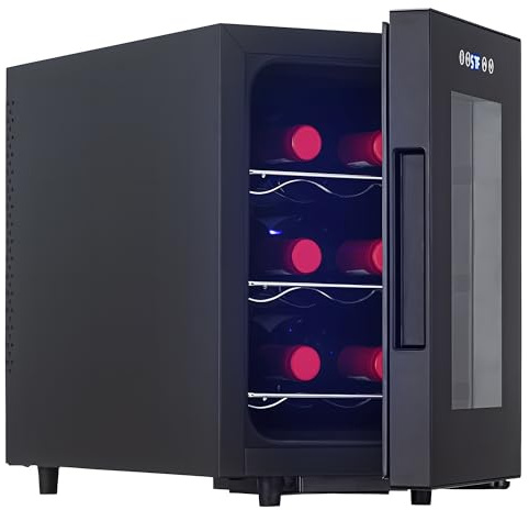 Iceblue Eisblaue Weinkühlschrank, Digitale Temperatursteuerung für Weiß- und Rotwein – 6-Flaschen-Weinkühler mit Weinrack，Champagner-Weinkühler-Kühlschrank für Bar, Heim, Küche, Geschenk – Schwarz