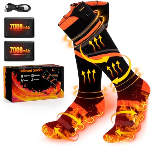 Beheizbare Socken Damen Herren, 7000mAh Neues Upgrade Wiederaufladbare Beheizte Socken, 4 Heizstufen Socken Beheizbar für Winter Outdoor-Sport, Skifahren, Wandern, Radfahren