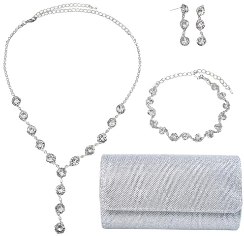 SSKHE Juego de joyas de boda para novia, bolso de mano plateado, pendientes, pulsera, collar de diamantes de imitación, joyería de fiesta para novias y damas de honor, accesorios de boda