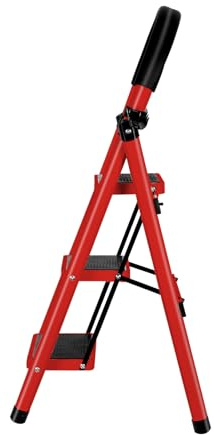 Escalera plegable con mano corredera de 3 peldaños – antideslizante, fácil de guardar, pasos anchos, color rojo