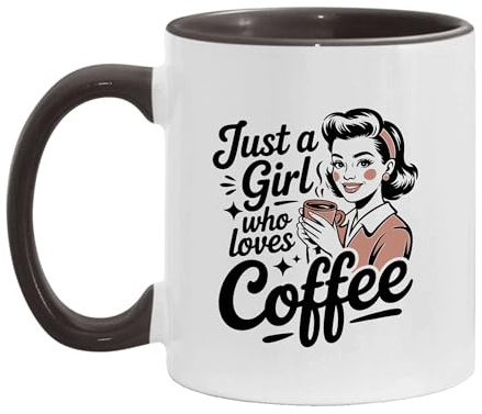 IVISION LEARNING LTD Just A Girl Who Loves Coffee Retro Drinking Cup, Two-Tone Accent Ceramic Mugs, 11oz 15oz