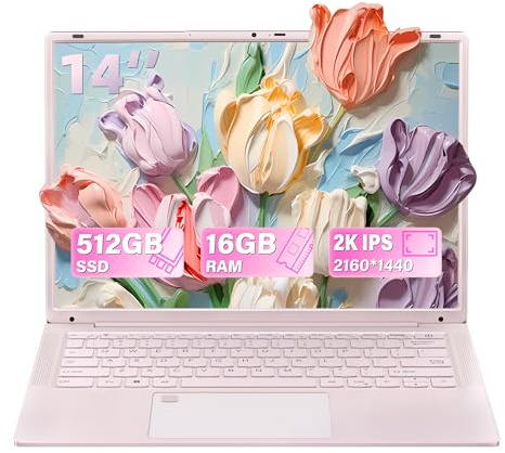 Fsjun 14,1 Zoll Laptop Pink, 16 GB RAM, 512 GB SSD, N150 Prozessor (bis zu 3,6 GHz), 2K UHD (2160 × 1440) IPS Display, Webcam, WLAN, beleuchtete Tastatur, 6000 mAh Akku, tragbares Studenten Notebook