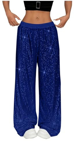 Generisch Pailettenhose Damen Elegant Einfarbig Lange Glitzer Hose Silvester Outfit Pailletten Karneval Kostüm Pailletten Hose Weites Bein Freizeithose Elastischem Bund Schlaghose S-XXL