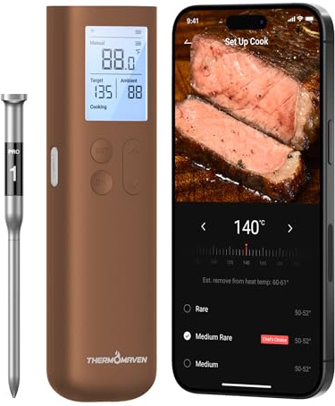 ThermoMaven Smart Bluetooth Fleischthermometer kabellos, Sub-1G Signalstabilität, Display-Basis, zertifizierte Genauigkeit ±0,3 °C, WLAN-Reichweite für BBQ, Ofen, Räucherofen, Grill, Braun