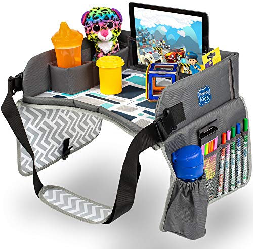 Kenley Kids Travel Tray, Toddler Car Seat Lap Tray, Road Trip Essentials Activity Table (Blue/Gray)
