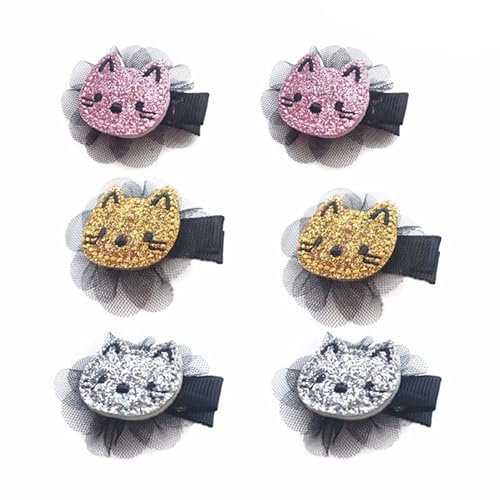 Lot de 6 épingles à cheveux Chat à paillettes pour bébé fille (rose + é+or 2 bijoux jeder)