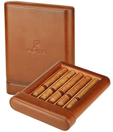 PIPITA Tragbarer Reise-Humidor, Eleganter Leder- Zigarren Humidor Zedernholz gefüttert für 5 Zigarren mit Luftbefeuchter (Enthält keine Zigarre)