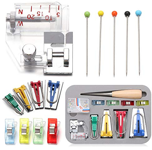 Schrägbandformer-Set, 6 mm/12 mm/18 mm/25 mm, 4 Größen, generisches Stoffbandmacher-Set mit Nähclips, Nähnadeln und Bindefuß und Ahle, Nähwerkzeug für Bastelarbeiten