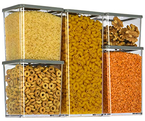 FiNeWaY 5pc Stackable Food Storage Containers Box With Airtight Lids BPA Free Cereal Dry Fruit Confectionery Lunch Snack Meal Boxes Kitchen Reusable Organiser Portion Control