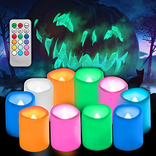CANDLE IDEA 10 Stück bunte Teelichter mit Fernbedienung & Timer, flackernd, farbwechselnd, batteriebetrieben LED-Votivkerzen für Hochzeiten, Partys, Halloween, Kürbislichter und Weihnachtsdekoration
