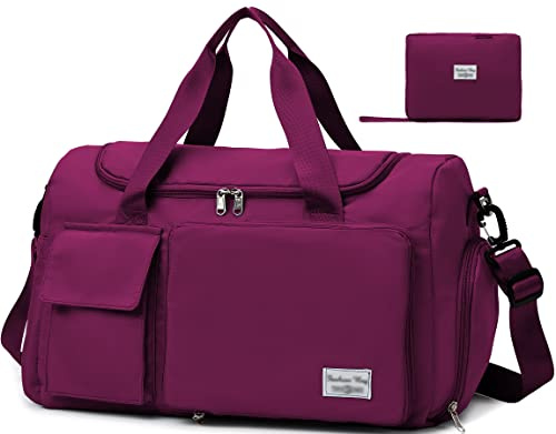 Tokeya Bolsa Deporte Mujer con Compartimentos para Zapatos y Bolsillo Húmedo Bolsa de Viaje Plegable, Impermeable Macuto Gimnasio, Ligera Bolsa de Deporte Fin de Semana para Natación Fitness, Púrpura