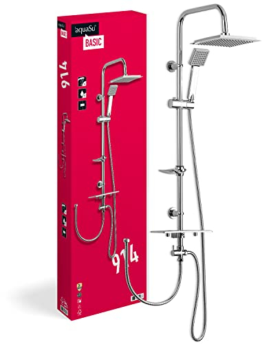 aquaSu® Basic Duschsystem 914 | Ø 7,5 cm Handbrause mit Regenstrahl | Ø 20 x 20 cm Kopfbrause | Anti-Kalk | Wassersparend | 95 cm Duschstange | Metall-Brauseschläuche Typ 1/2 ' | Chrom | 72791 4