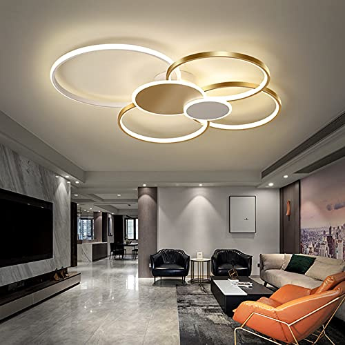 Bellastein Wohnzimmerlampe Deckenleuchte LED Dimmbar mit Fernbedienung, LED Deckenlampe Schlafzimmer Decke Lampe Moderne Metall Acryl Pendelleuchte for Arbeitszimmer Küche Leuchte (Gold-)