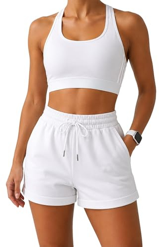 Smith & Solo Pantaloncini Sportivi Donna in Cotone, Shorts Donna Vita Alta, Pantaloncini Corti Estivi per Palestra, Running, Jogging, Yoga, Fitness e Allenamento (Bianco, M)