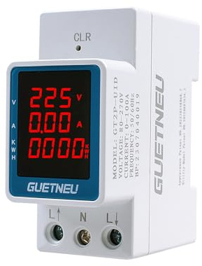 GUETNEU Digital Display Energy Meter Energy Tester Electricity Usage Monitor AC Rail-Mounted Meter GT2P-UID, AC 80~270V, 0~100A, 50/60Hz. Used to Measure AC Voltage, Current and Energy Consumption