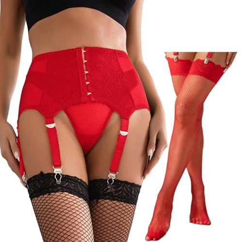 ohyeahlady strumpebandshållare set med stora storlekar, svart, 6 spännband, spetsbälte, nätstrumpor, höga strumpbyxor, Färg: röd, XL-XXL