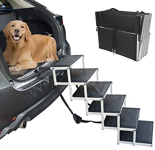 Hunderampe für Hunde, zusammenklappbar, 6 Stufen, Haustier-Hunderampe für große Hunde, tragbare, leichte Aluminiumhalterung und strapazierfähiges, rutschfestes Gewebe, Hundetreppe für Auto, SUV und
