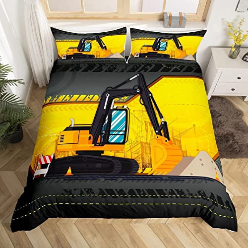 ZZXHG Bettwäsche 135x200 Mikrofaser 3teilig Gelber Bagger Kinder, Wendemotiv Bettbezug 135 x 200 2er Set mit 80x80 cm Kissenbezug, Weiche Kinderbettwäsche Für Einzelbett mit Reißverschluss