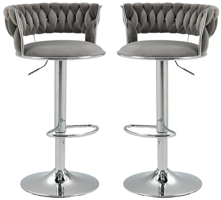 SUPPNEED Samt Barhocker, Barhocker 2er Set,mit niedriger Rückenlehne und Fußstütze, Verstellbare Thekenhocker für Küche, Esszimmer (Silberne Version, Grau)