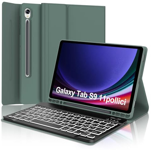 Schutzhülle mit Tastatur für Samsung Galaxy S10 FE 10,9 Zoll 2025 / S9 FE 10,9 Zoll 2023 / S9 11 Zoll 2023, abnehmbare italienische Bluetooth-Tastatur für Samsung Tab S9 FE/S10 FE, Dunkelgrün