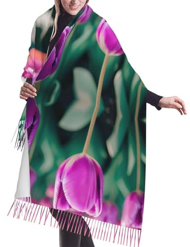 FWJZDSP Lila Tulpen Kaschmirschal mit Fransen, Plüsch-Kaschmirimitat-Schal mit einzigartigem einseitigen Druck, warmer Winterschal