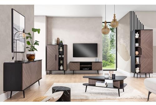 Lomadox Wohnmöbel Set Wohnwand in Graphit mit braun 5-teilig | 1 Sideboard, 1 Highboard, 1 Lowboard, 1 Vitrinenschrank, 1 Couchtisch