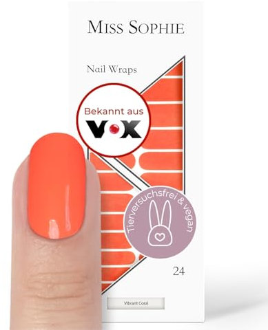 Original Miss Sophie Nagelfolien Neon Vibrant Coral I 24 ultra-dünne Nagellack-Streifen in Neon Orange I Für Finger- & Fußnägel I Hält auf Natur- sowie lackierten, Acryl-, Gel- & Shellac-Nägeln