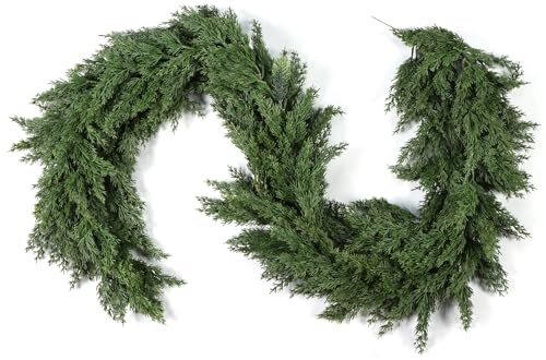 1 Pack Christmas Cedar Artificial Pine Cypress Vines Faux Evergreen Cascade Garland for Indoor Outdoor Table Stairs Winter Decoration (6 ft)
