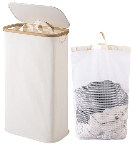 Vencier 60L Slim Laundry Hamper with Lid, Narrow Foldable Laundry Basket with Removable Bag & Bamboo Handles, Thin Dirty Clothes Hamper for Bathroom, Bedroom, Dorm (Beige, 60L)