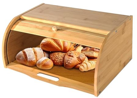 SG Traders Roll Top Bamboo Bread Bin, Eco-friendly Kitchen Storage Bread Box with Lid for Optimal Freshness Natural, Organic Design, and Sustainable Food Storage Solution (Natural Wood)
