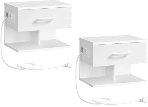 HOOBRO Mesilla de Noche Suspendida, Juego de 2 Mesas, Mesilla sobre Pared con Base de Carga y Cajón, Moderna Mesita Auxiliar, 1 Enchufe Estándar y 2 Puertos USB, Blanco EWT127CBZP201