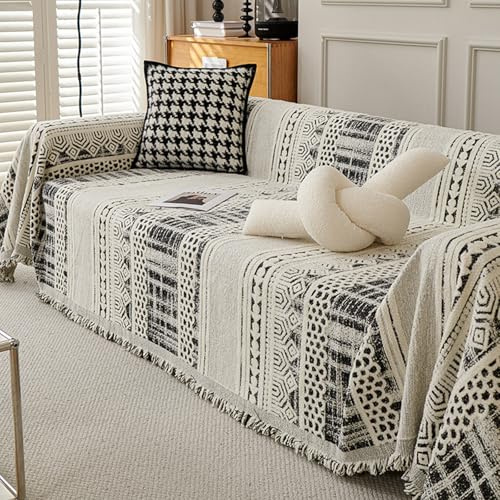 GroßEr Couch Sofa üBerwurf Decke 1 2 3 4-Sitzer Groß Chenille Sofabezug Mit Dekorativen Quasten L-U-Form Ecksofa Sofabezug Mehrzweck Antifouling Decken FüR Sofa Stuhl Bett Schal(180X180cm,Black)