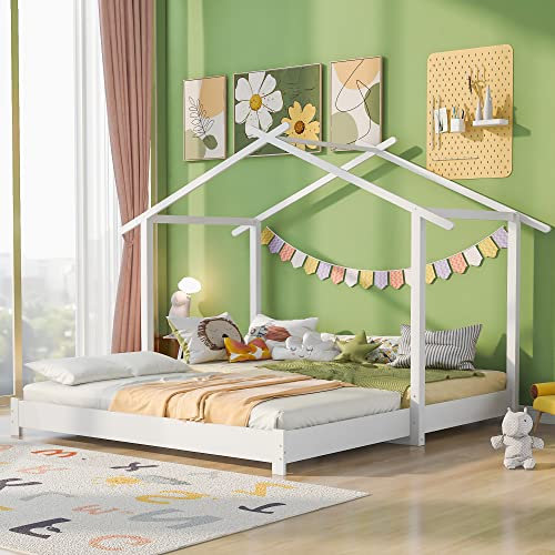 Cama de casa 90/180 x 190 cm de madera para niños y niñas, cama de madera maciza, cama convertible con somier, color blanco
