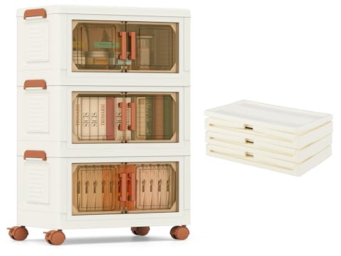 KOMFOTTEU Scatola di immagazzinaggio pieghevole, 2 rotelle bloccabili, torre di immagazzinaggio in plastica, carico 5/10 kg per scatola, scatola portaoggetti in plastica (grande, 3 livelli, 68,5 x