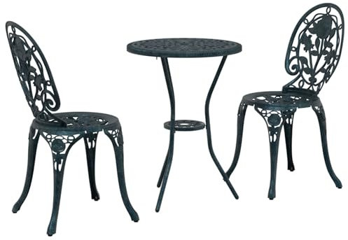 vidaXL 3-teiliges Garten Bistro Set aus Gusseisen mit antikem Bronze-Finish, perfekt fürs Essen draußen auf dem Balkon oder der Terrasse. Es kommt mit einem runden Tisch und Zwei Stühlen.