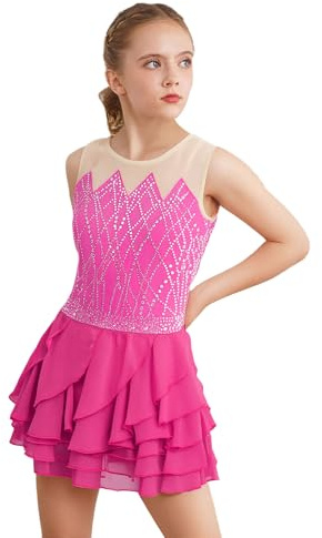 Alvivi Vestido Patinaje sobre Hielo Niña sin Mangas Vestido Brillante de Danza Ballet Maillot con Falda Patinaje Competición Vestidos de Gimnasia Rosa Caliente 7-8 años
