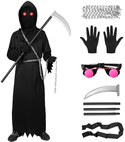 Joyesplay Grimreaper Costume Set,Scary Black Jumpsuit with Hood Glasses Sickle,Halloween Costumes for Teenager(Style B,M)