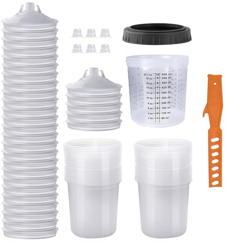 Einweg Farbmischbecher 20 Unzen (600ml) Set, Farbspritzpistole Mischbecher, für HVLP und LVLP Farbspritzpistolen mit 50 Bechern und Deckeln, 1 Hartbecher mit Haltering und 10 Verschlussstopfen (50)